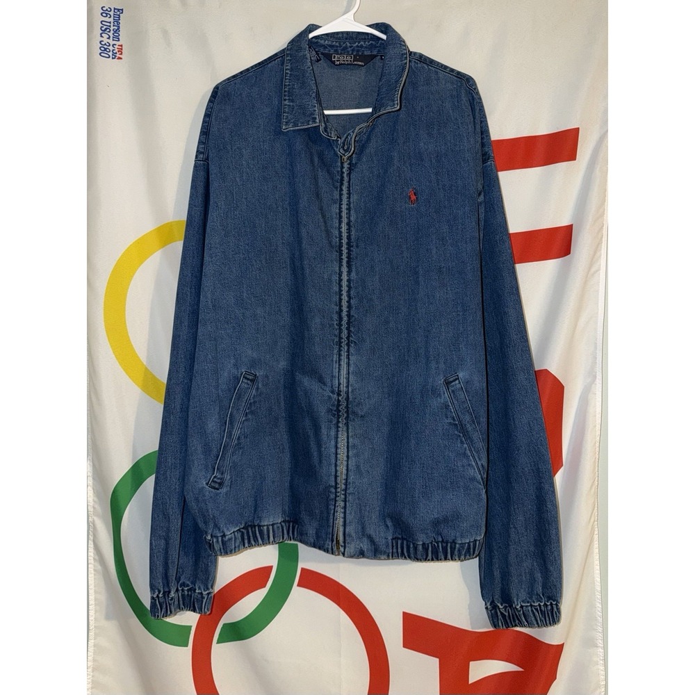Vintage Polo Ralph Lauren Jacket Mens XL Blue Denim Bomber Harrington